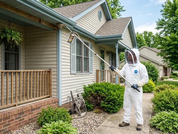 Emergency hornet removal protective gear, aerosol knockdown canister, and telescoping pole